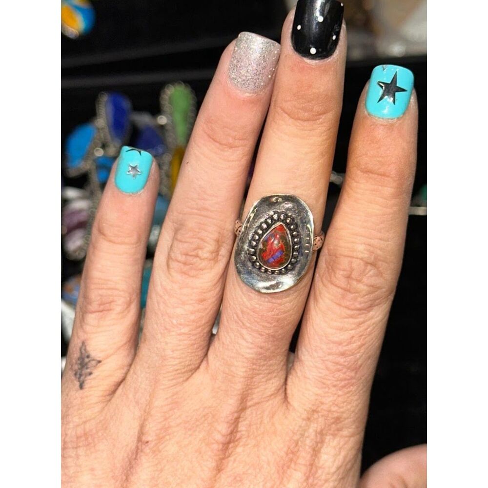 Red Dahlia Turquoise Cowboy Hat Sterling Silver Overlay Ring Size 8